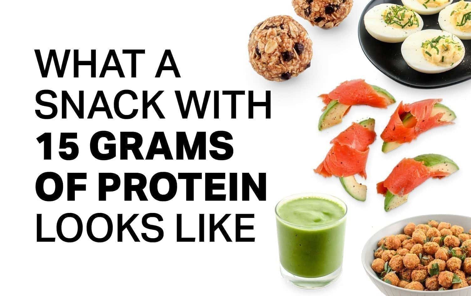 Text on the image reads "What a high-protein snack with 15 grams of protein looks like." The image shows various snacks: energy bites, deviled eggs, smoked salmon with avocado, a green smoothie, and crispy chickpeas. MyFitnessPal Blog