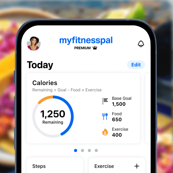 The MyFitnessPal home screen dashboard with today’s calorie and exercise progress.