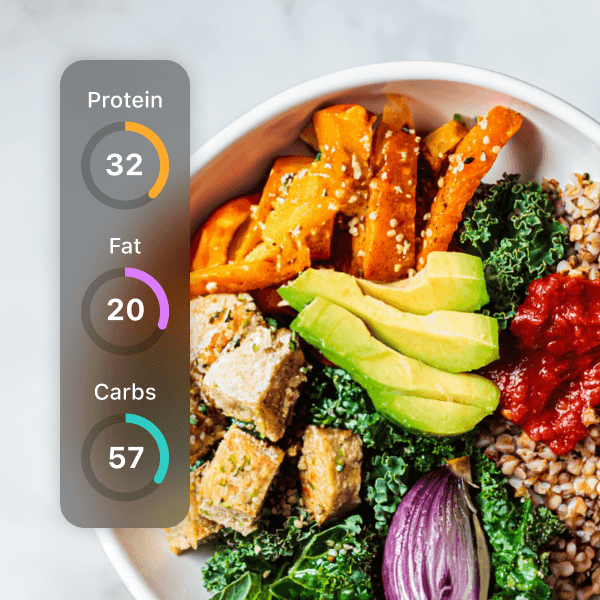 Grain bowl with tofu, carrots, avocado, kale, and onions, along with a chart of the macro totals for this meal, which indicate 32g of protein, 20g of fat, and 57g of carbohydrates.