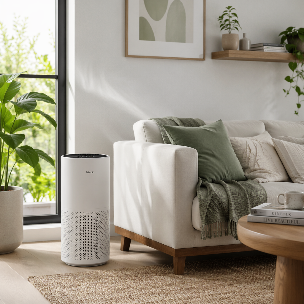 A modern living room with a sleek air purifier next to a cozy couch and plants, bright natural light streaming in, soft color palette with greens and whites, editorial photography