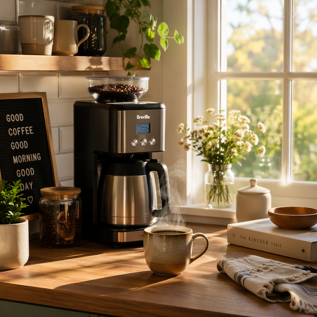 A cozy kitchen with morning light streaming through the window, a stylish coffee maker on the counter, and a steaming cup of coffee ready to be enjoyed. The scene conveys warmth and the comfort of a perfect morning routine.