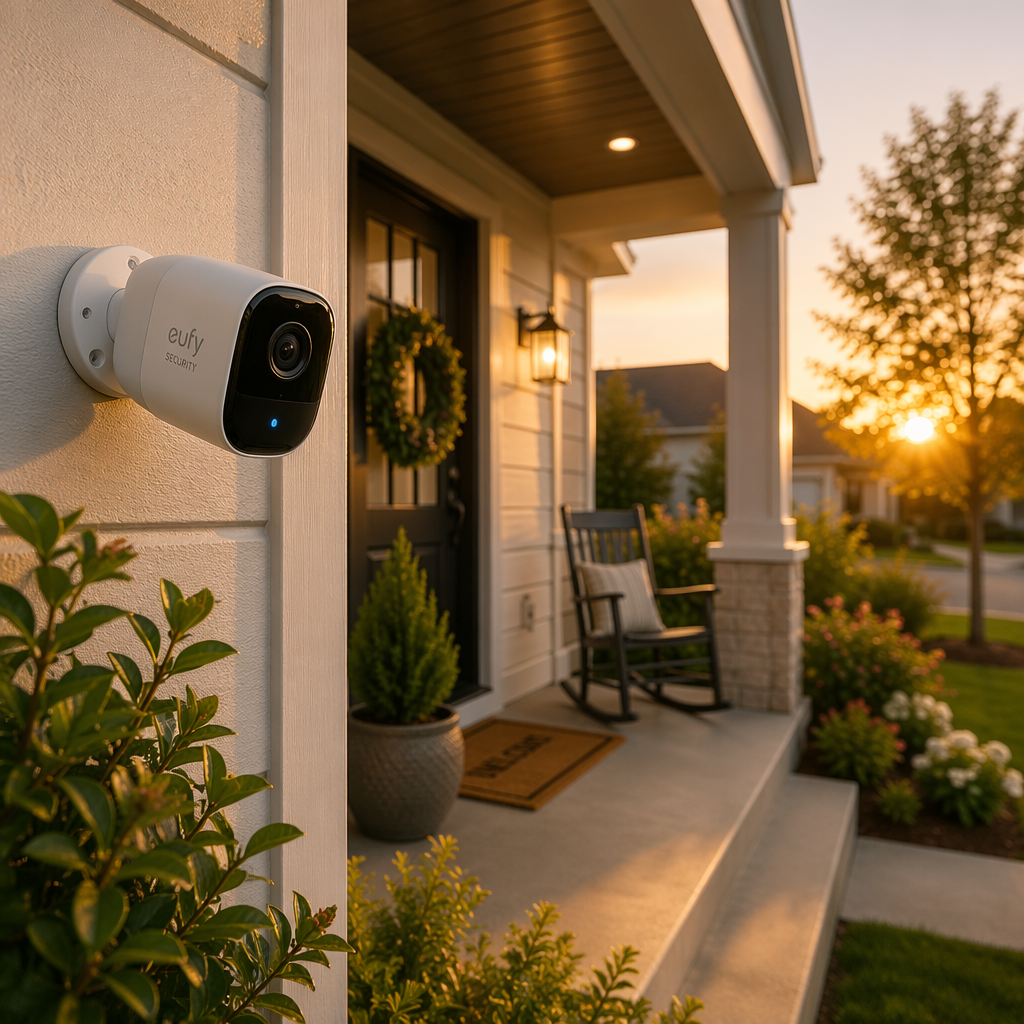A modern home security camera installed on an exterior wall, capturing the front porch area during the golden hour. The warm light enhances the visual appeal, showcasing the camera in a sleek design, surrounded by subtle landscaping. The image conveys a sense of safety and vigilance.
