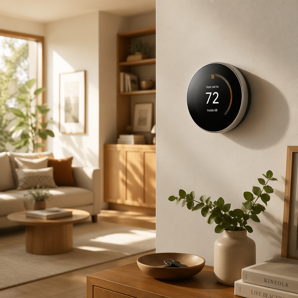A modern home interior showcasing a sleek smart thermostat on a wall, with sunlight streaming through the window, creating a warm and inviting atmosphere. The color palette features soft whites and warm wood tones, shot in natural light to enhance the cozy feel.