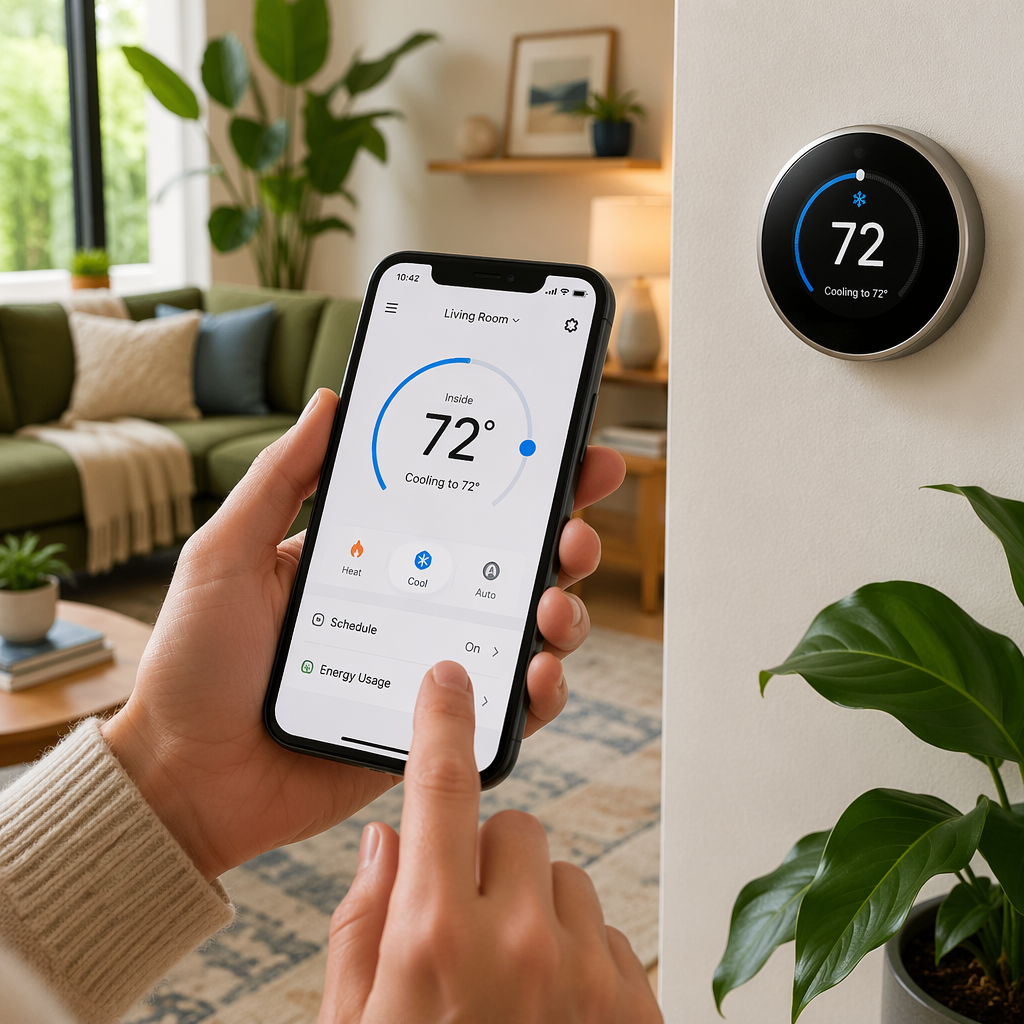 A close-up of a person using a smartphone app to control a smart thermostat, with a cozy living room in the background. The setting is bright and cheerful, reflecting a sense of modern living, featuring plants and soft furnishings in a harmonious color scheme.
