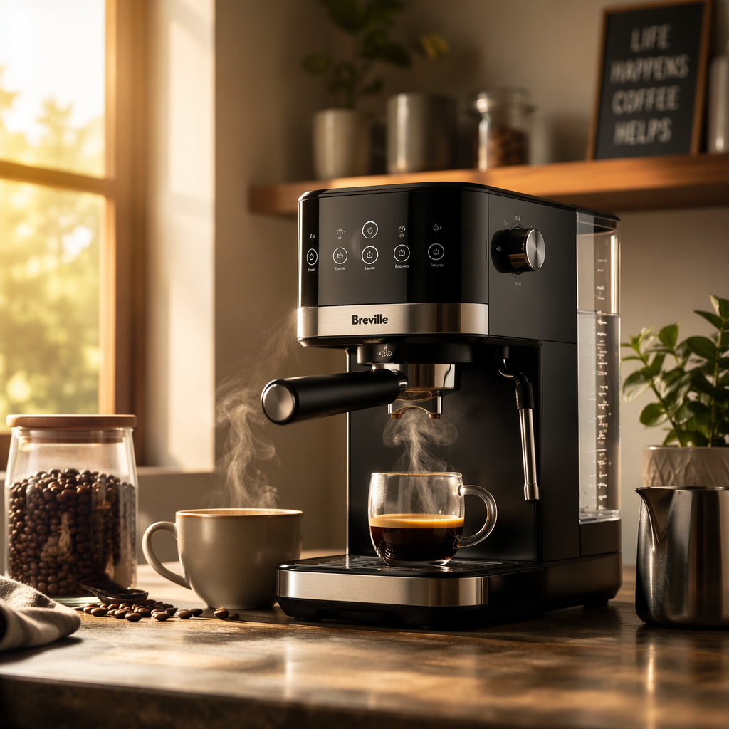 A cozy kitchen scene with a sleek coffee maker on a countertop, warm golden hour natural light streaming in, highlighting fresh coffee beans and a steaming cup of coffee, editorial photography