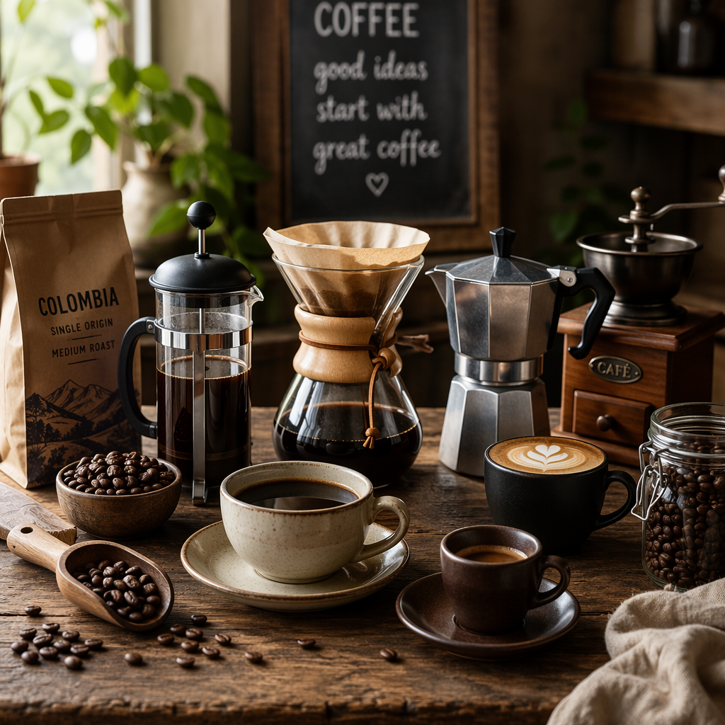 A beautifully arranged coffee setup featuring various coffee makers, coffee beans, and cups on a rustic wooden table, shot in soft natural light, inviting and warm atmosphere