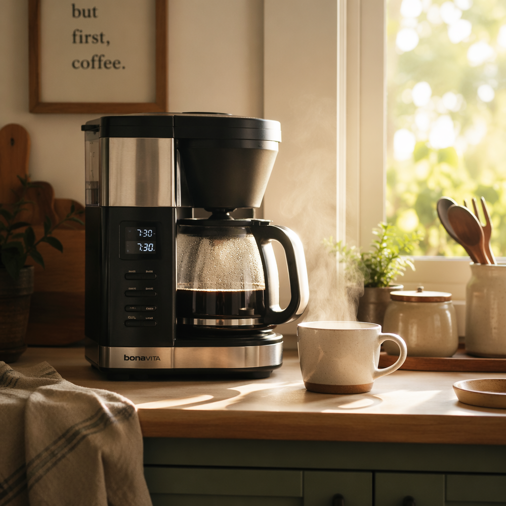 A cozy kitchen scene with a modern coffee maker on the counter, warm morning light streaming in through a window, a steaming cup of coffee beside it, inviting atmosphere, editorial photography