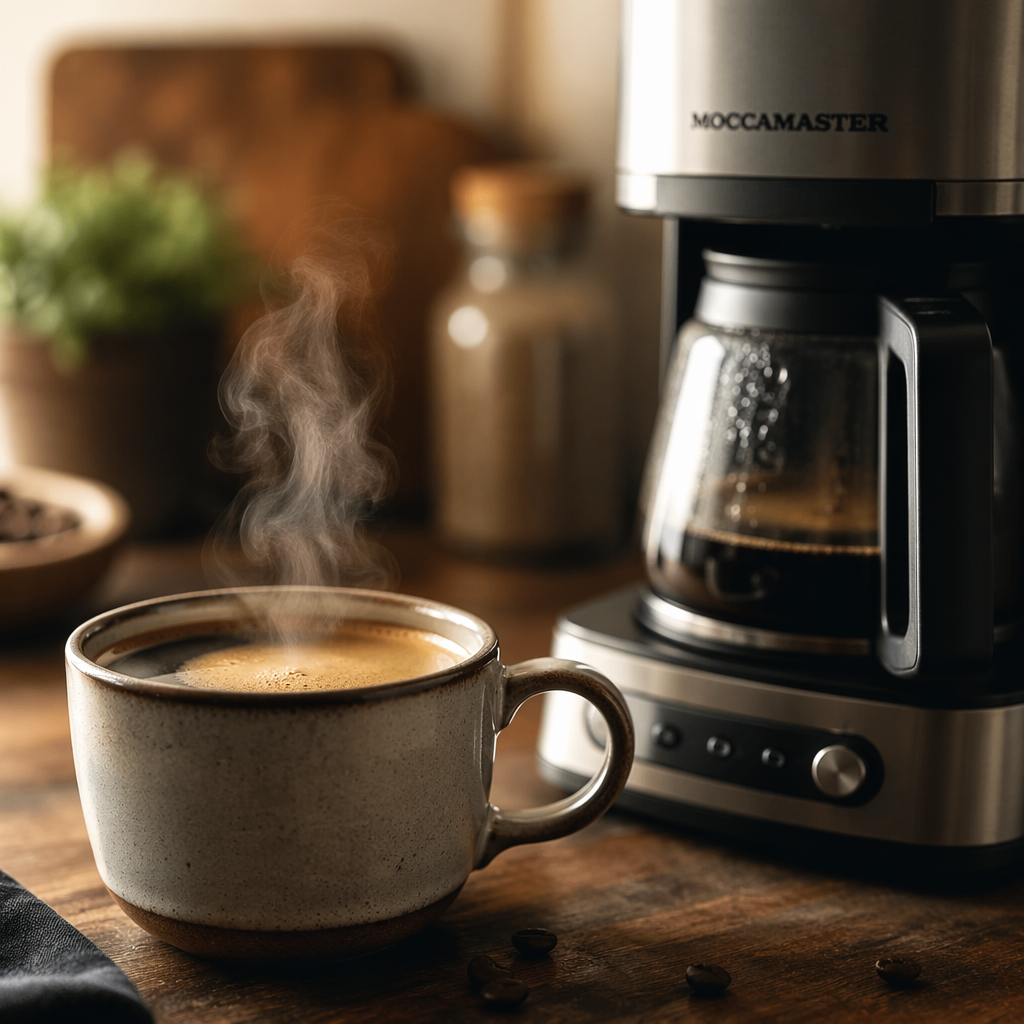 A close-up of a freshly brewed cup of coffee next to a stylish coffee maker, soft focus on the background, highlighting the steam rising from the cup, warm inviting tones, editorial photography