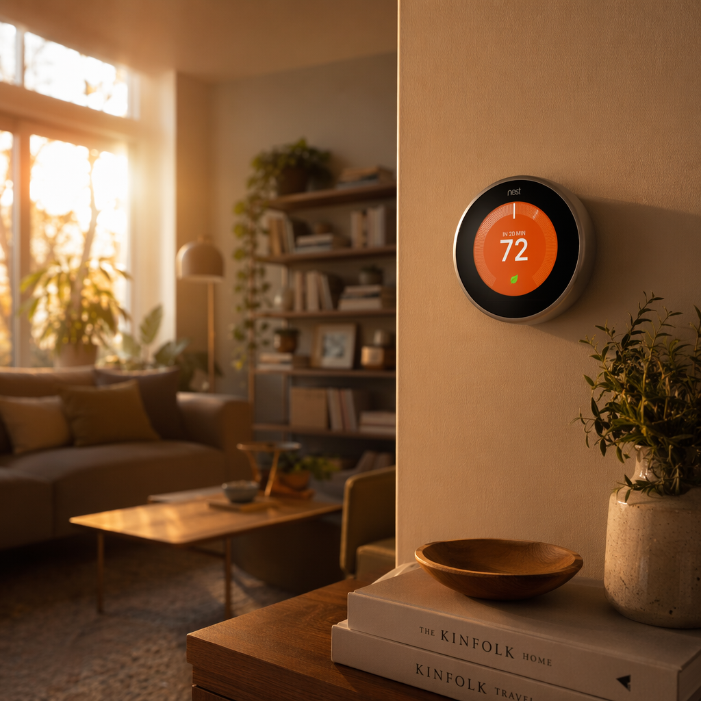 A cozy living room with a smart thermostat display on the wall, warm golden hour lighting, comfortable furniture, and a welcoming atmosphere, editorial photography
