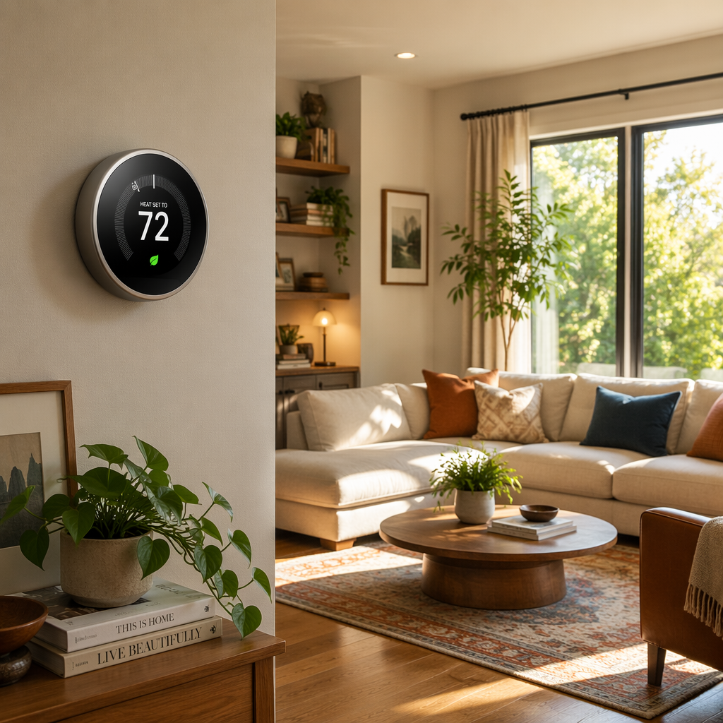 A modern living room with a smart thermostat on the wall, showcasing a sleek design. The room is cozy and well-lit, with plants and a comfortable sofa. The mood is inviting, with warm natural light streaming in through the windows, creating a welcoming atmosphere.