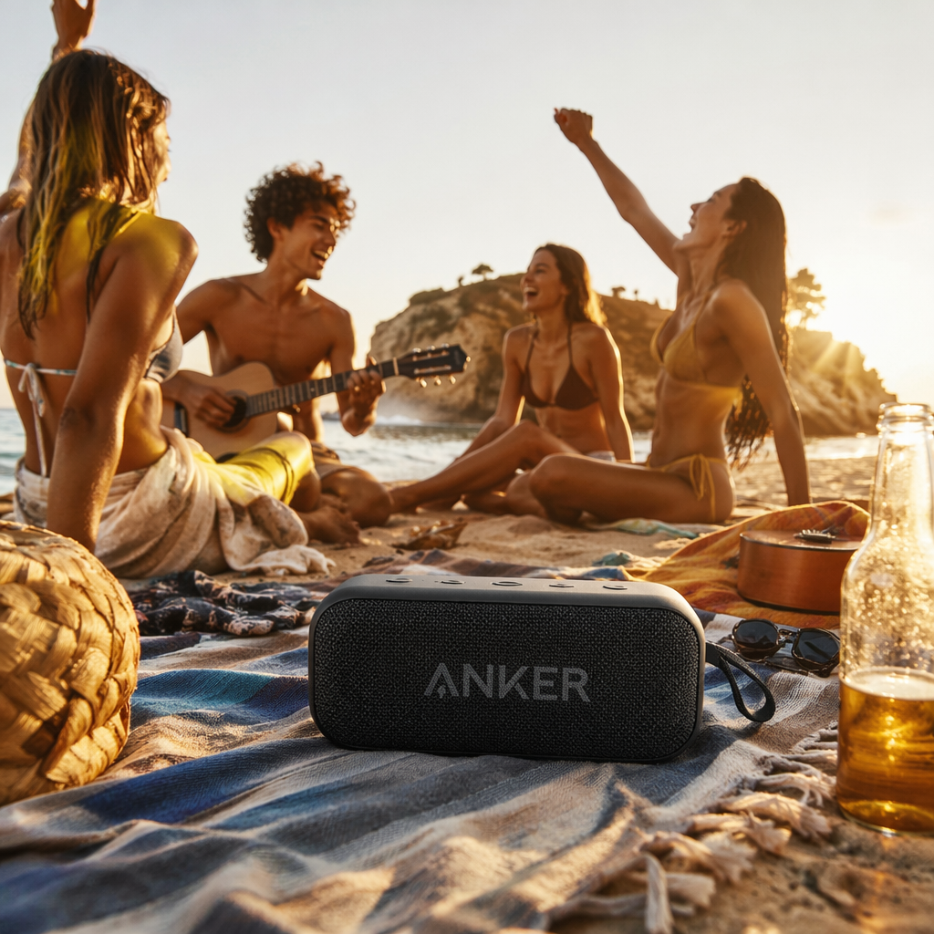 A vibrant beach scene with a portable Bluetooth speaker on a towel, warm golden hour natural light, people enjoying music and laughter in the background, editorial photography style