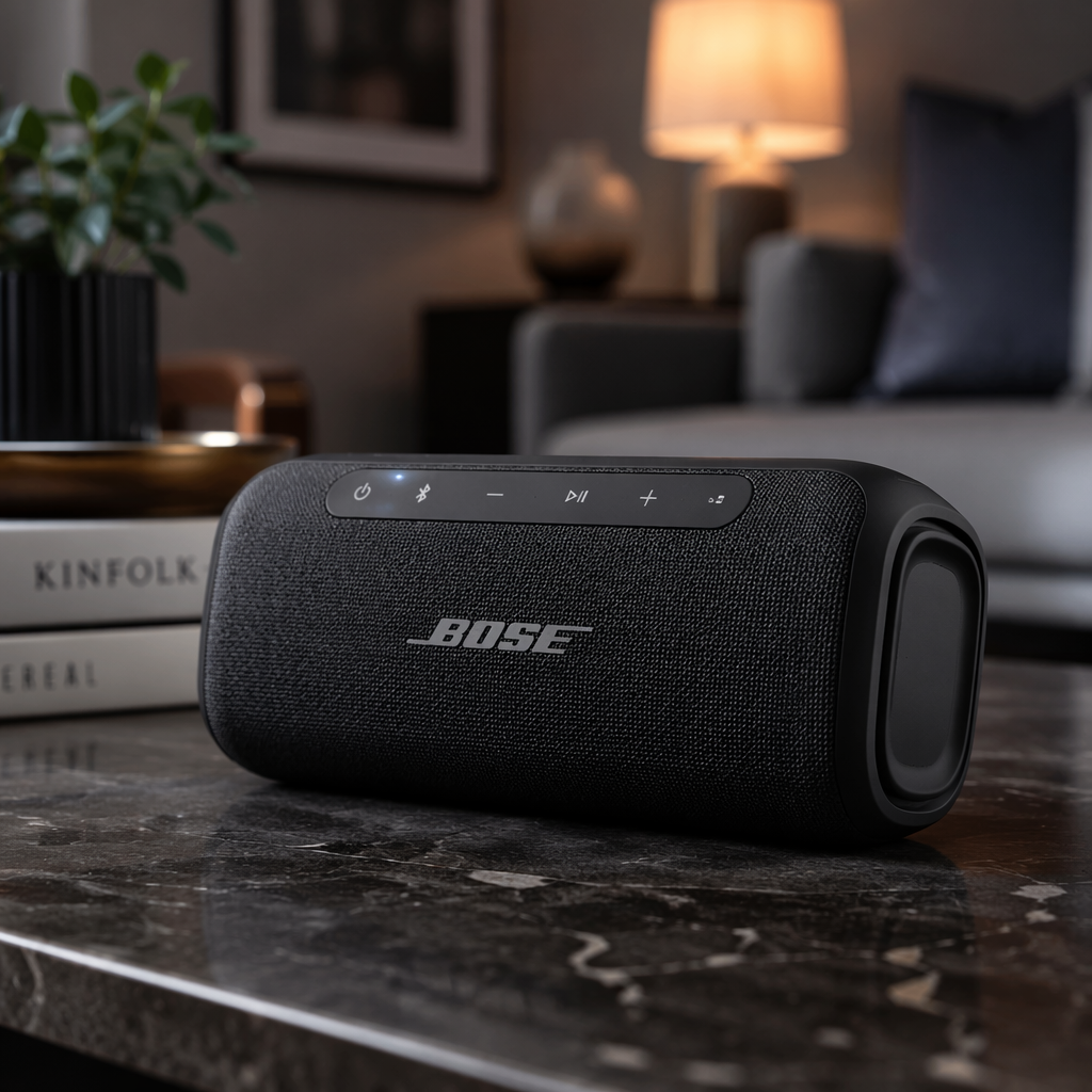 A close-up of a sleek, modern portable Bluetooth speaker on a stylish coffee table at home, soft ambient lighting, showcasing its design and features, shallow depth of field