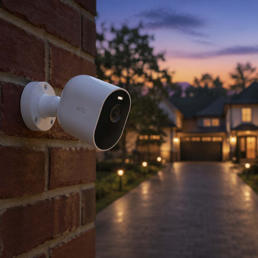 A modern home security camera mounted on a brick wall, capturing a clear view of a well-lit driveway at dusk. The scene is serene with soft twilight colors, showcasing the camera's sleek design in focus against a blurred background of trees and a suburban home, shot on 50mm lens, shallow depth of field.