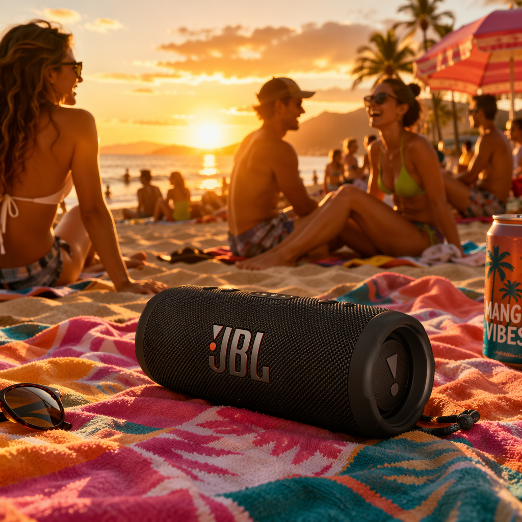 A vibrant beach scene with a portable Bluetooth speaker resting on a colorful beach towel, surrounded by sunbathers enjoying the sun. The mood is lively and joyful with the sun setting in warm golden hour natural light, capturing the essence of summer fun.